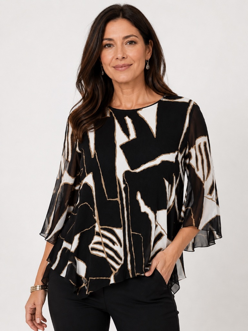 JM Collection Petite Medium Abstract Print Sheer Sleeve Blouse Top - M P